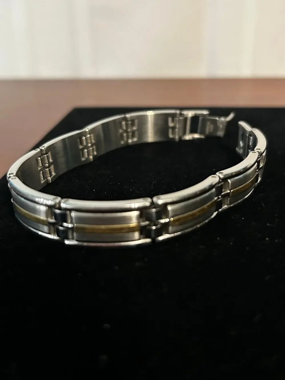 Men's 8 Inch Two Tone Stainless Steel Link Bracelet Silver Gold Accent